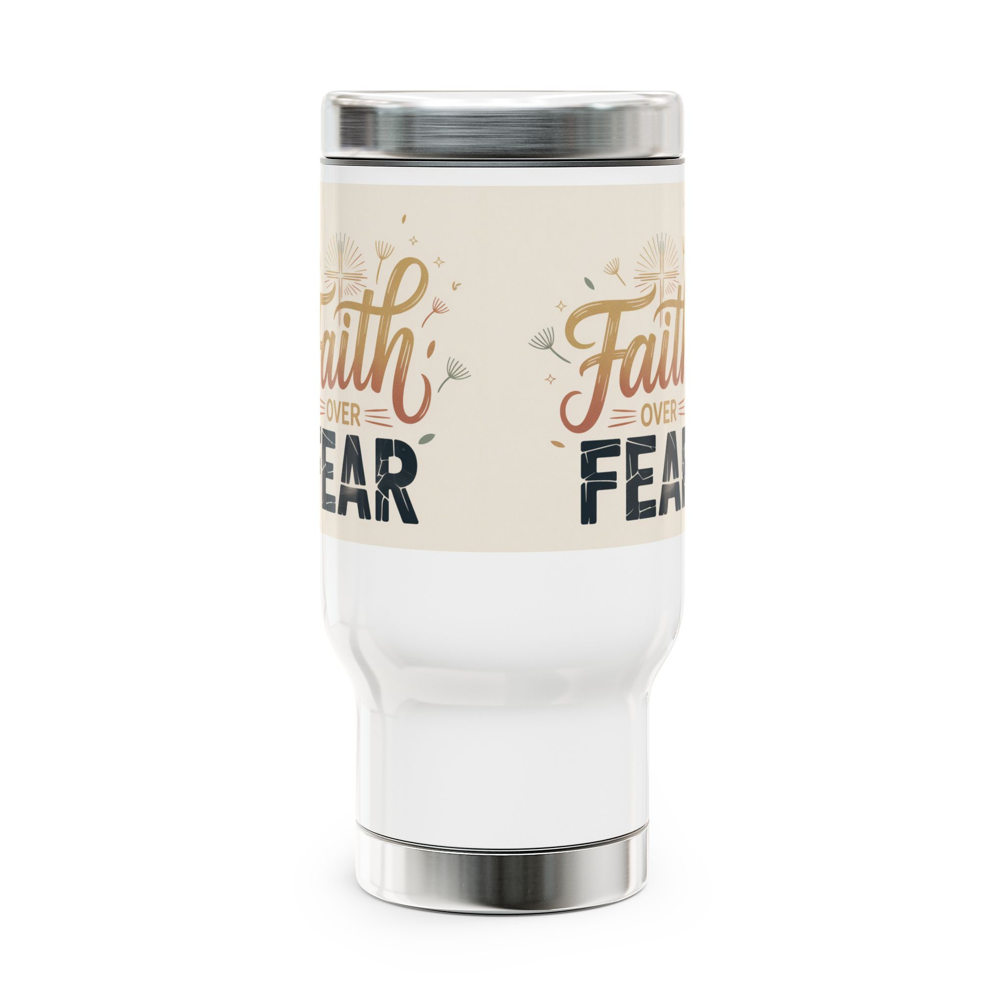 Faith Over Fear Travel Mug, Inspirational Stainless Steel Mug, 14oz Tumbler with Handle, Religious Gift, Coffee Lover Gift, Christian Quote